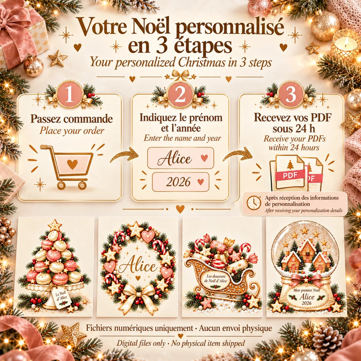 Votre Noël personnalisé en 3 étapes : prénom et année, fichiers PDF reçus sous 24 h