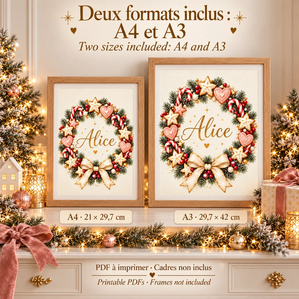 Affiche de Noël à imprimer : couronne au prénom en formats A4 21 x 29,7 cm et A3 29,7 x 42 cm