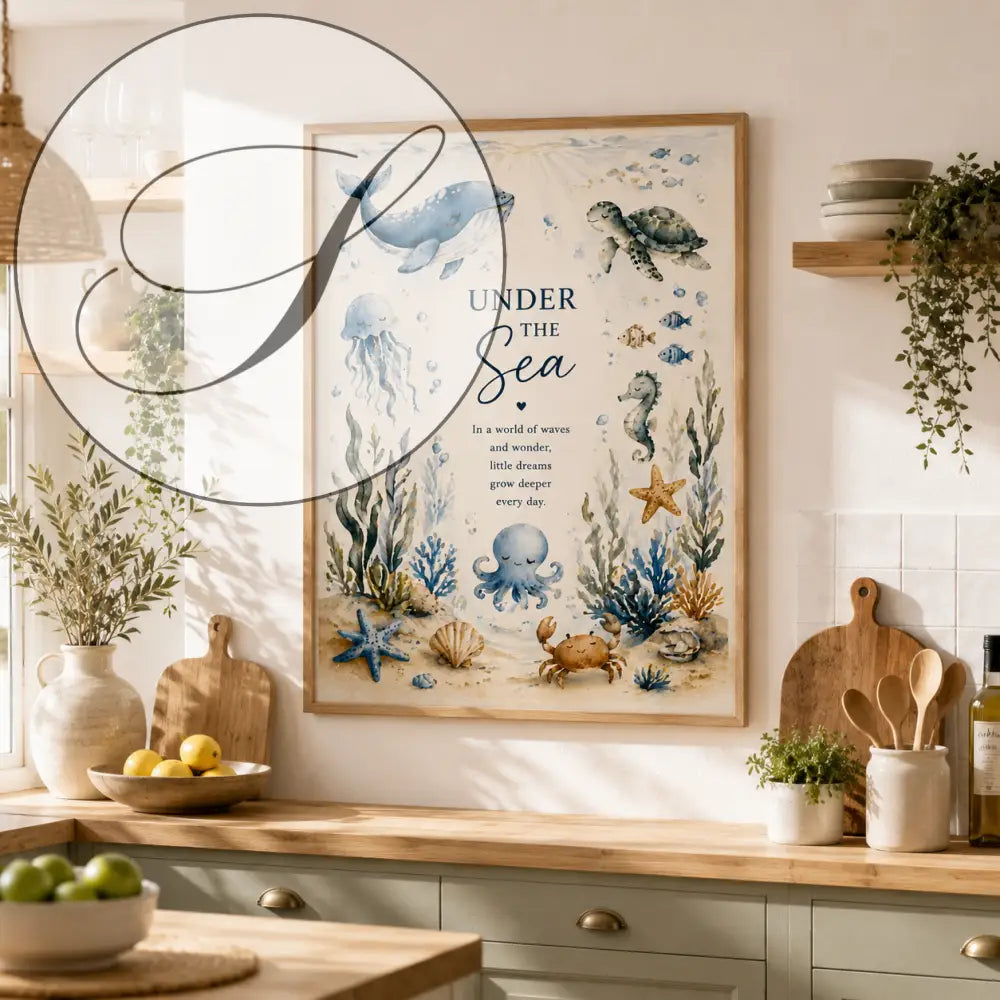 Un poster aquarelle encadré avec un cadre en bois clair montrant une scène sous-marine en bleu et beige pour ff