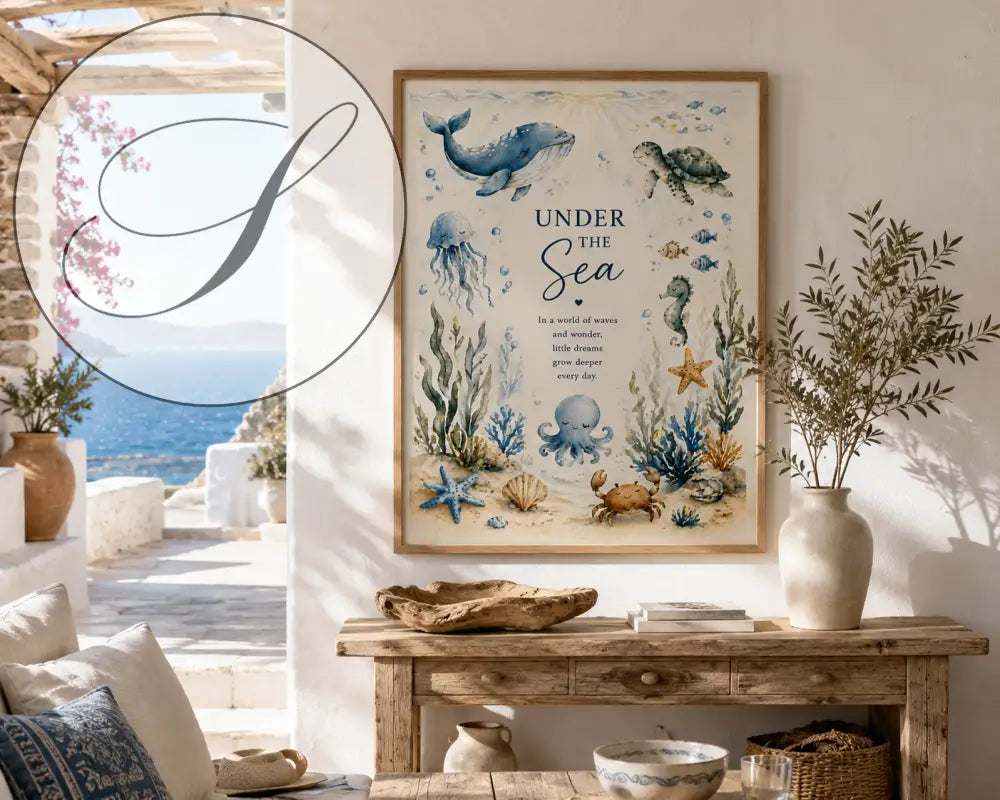 Affiche encadrée en aquarelle intitulée sous la mer avec des baleines bleues et tortues marines sur fond crème