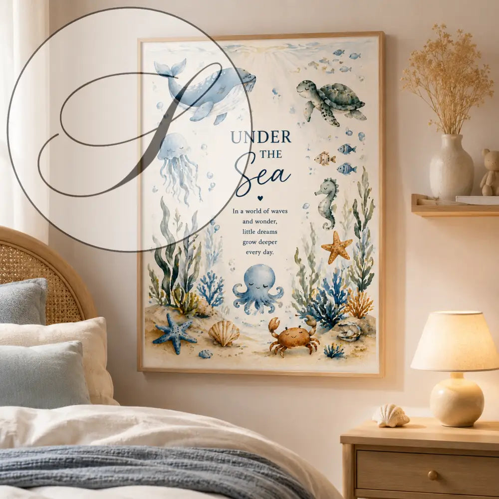 Affiche encadrée ff aquarelle scène sous-marine avec baleine bleue tortue de mer pieuvre tons bleu vert beige