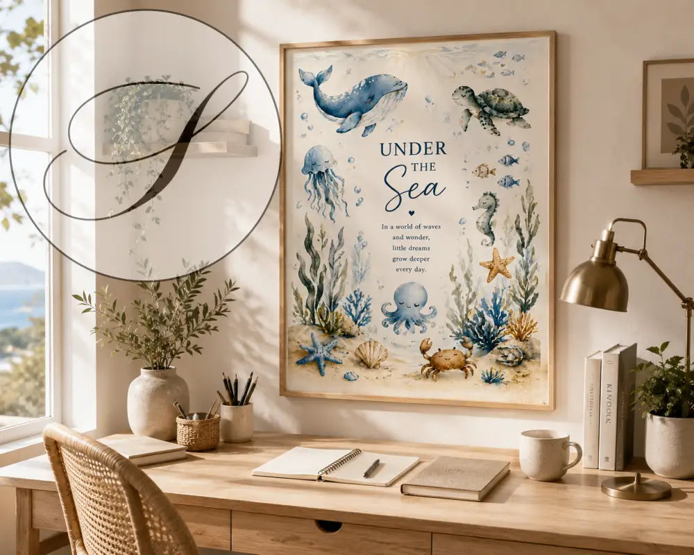 Affiche encadrée sur le thème de l’océan avec baleines bleues tortues et créatures marines