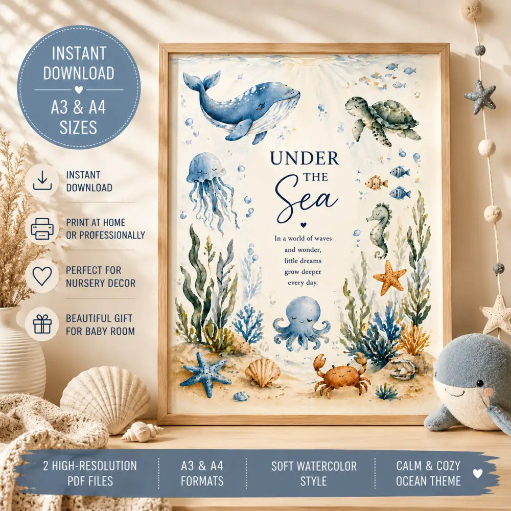 Affiche animaux marins en aquarelle avec baleines tortues et pieuvres en bleu vert et orange pour décoration marine