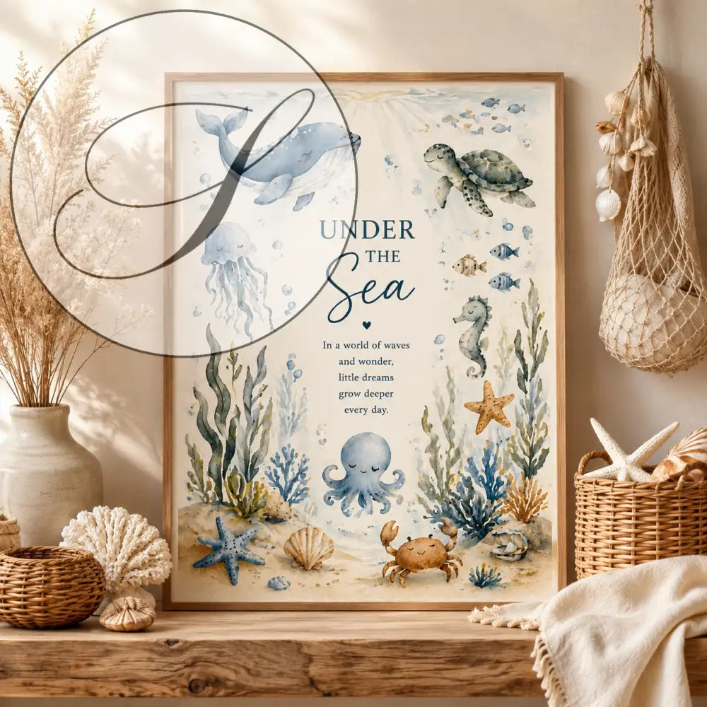 Un cadre avec une aquarelle intitulée under the sea montrant une baleine bleue douce et une tortue verte sur fond blanc cassé