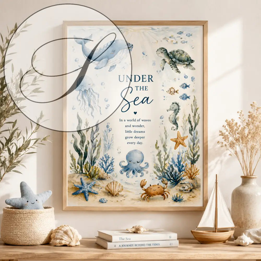 Affiche aquarelle encadrée sous la mer avec vie marine fantaisiste en bleus et verts doux dans un cadre en bois clair