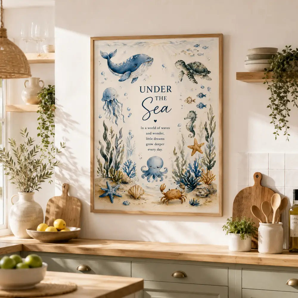 Un poster aquarelle encadré avec un cadre en bois clair montrant une scène sous-marine en bleu et beige pour ff