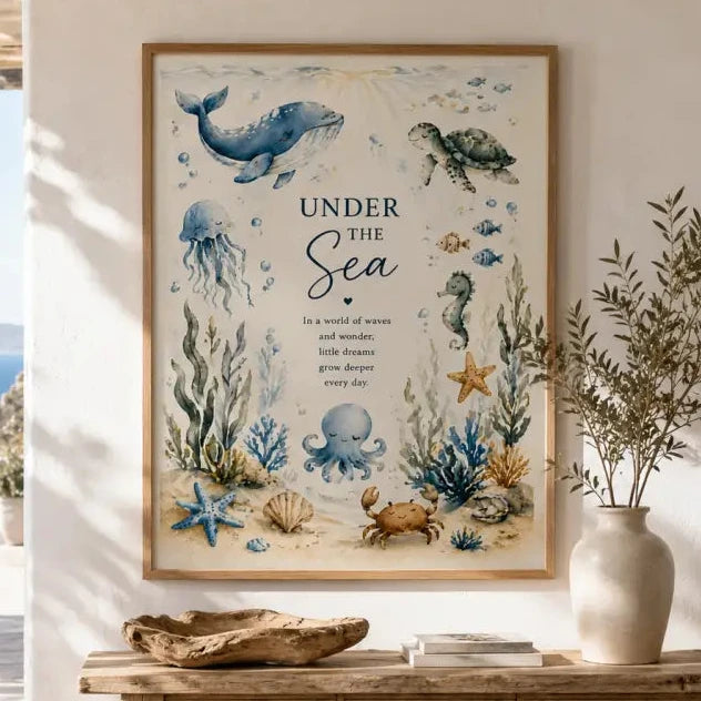 Affiche encadrée en aquarelle intitulée sous la mer avec des baleines bleues et tortues marines sur fond crème