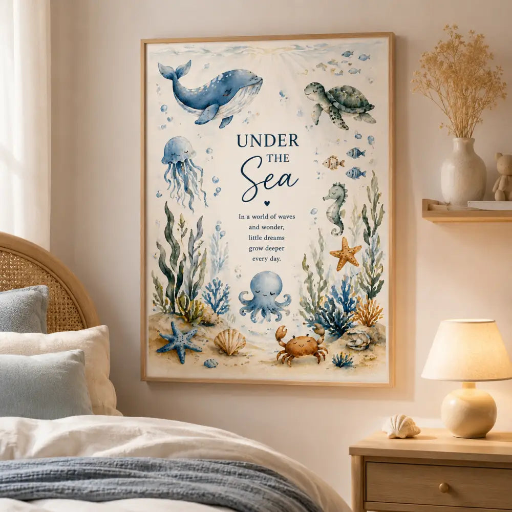 Affiche encadrée ff aquarelle scène sous-marine avec baleine bleue tortue de mer pieuvre tons bleu vert beige