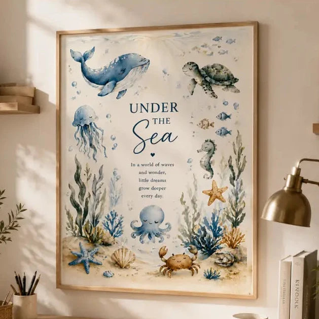 Affiche encadrée thème océan avec baleines bleues tortues et créatures marines style aquarelle sous la mer pour ff
