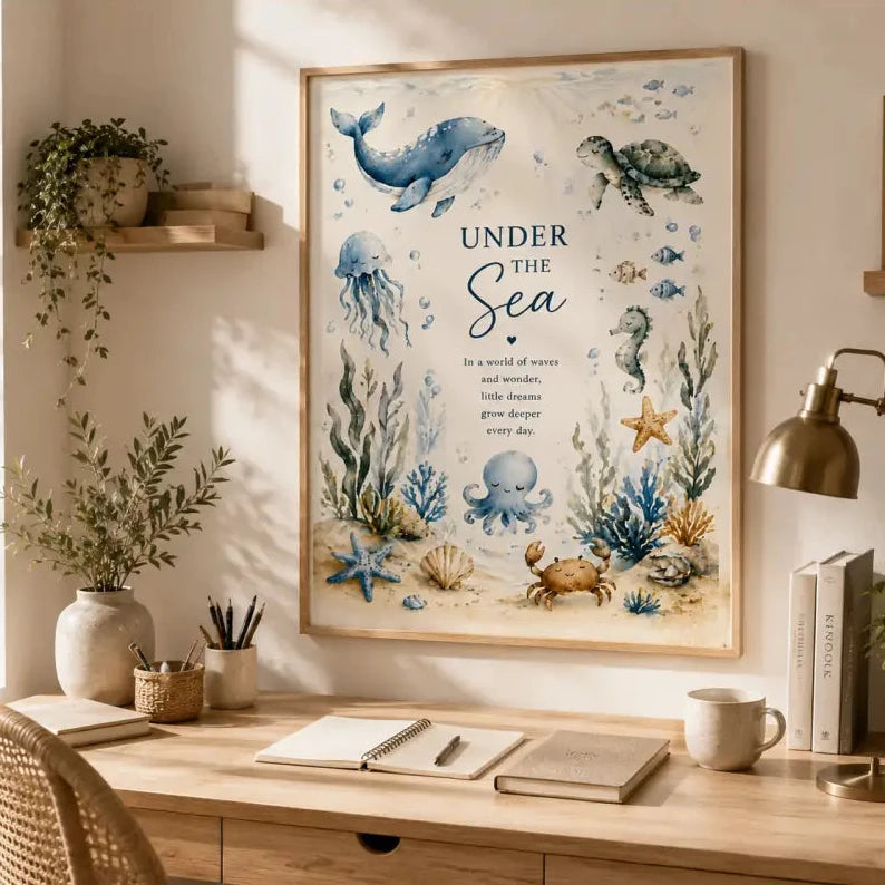 Affiche encadrée sur le thème de l’océan avec baleines bleues tortues et créatures marines
