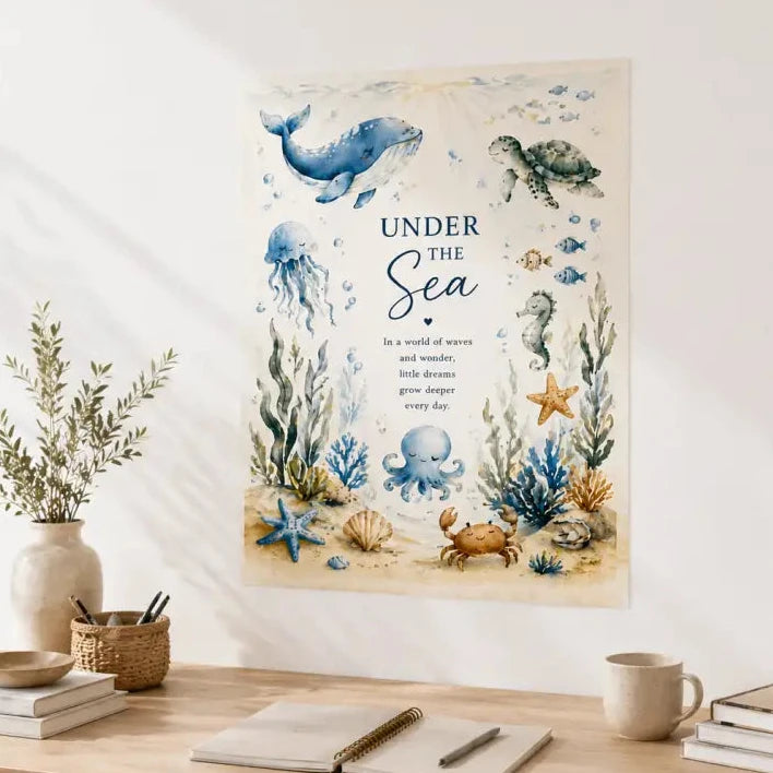 Affiche style aquarelle sous la mer avec baleines bleues tortues de mer pieuvres et étoiles de mer sur fond crème
