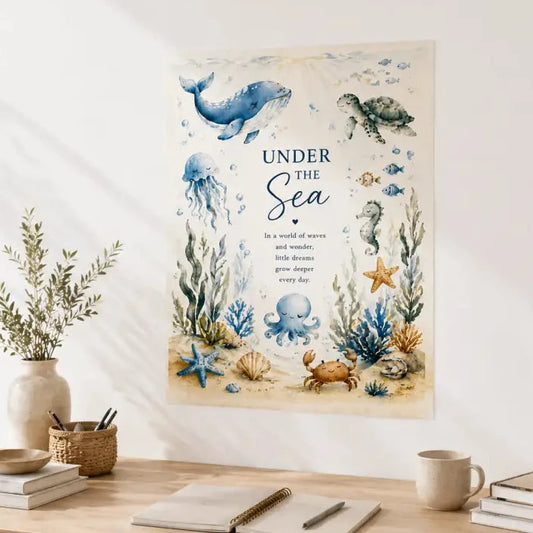 Affiche style aquarelle sous la mer avec baleines bleues tortues de mer pieuvres et étoiles de mer sur fond crème