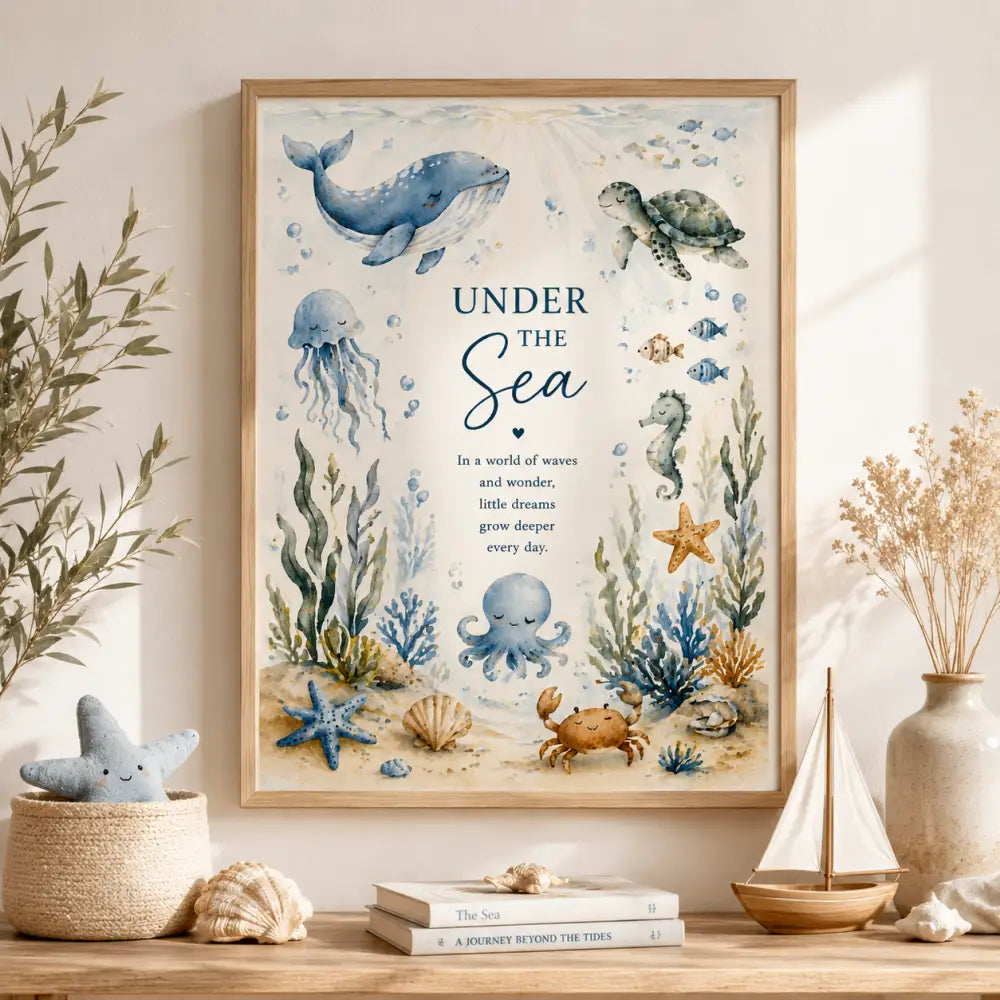 Affiche aquarelle encadrée sous la mer avec vie marine fantaisiste en bleus et verts doux dans un cadre en bois clair