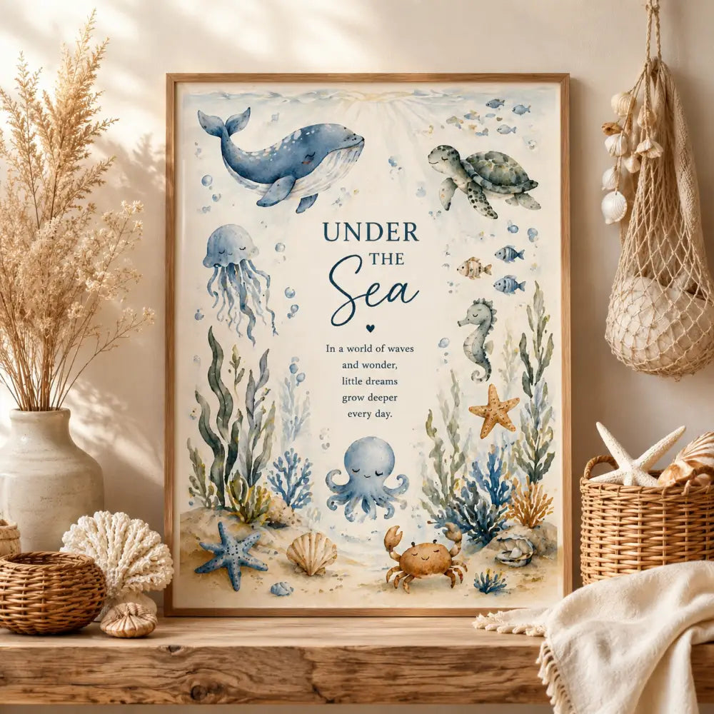 Un cadre avec une aquarelle intitulée under the sea montrant une baleine bleue douce et une tortue verte sur fond blanc cassé