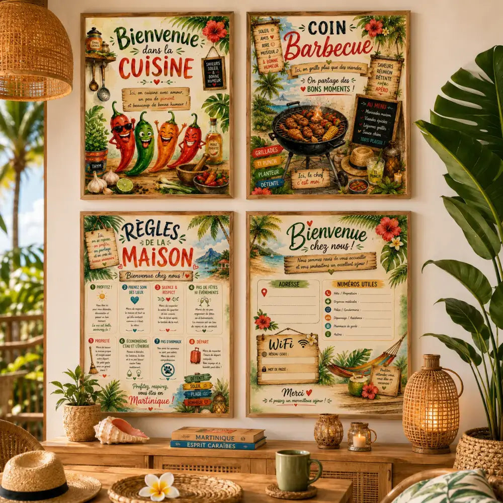 Set de quatre affiches tropicales encadrées avec illustrations colorées et bordures en bois rustique