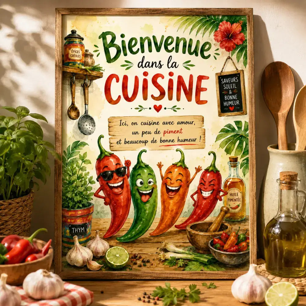 Un poster encadré  avec des piments cartoon expressifs en lunettes de soleil, cadre cuisine rustique