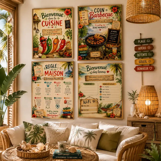 Pack 4 affiches déco cuisine et maison style antilles avec illustrations colorées 
