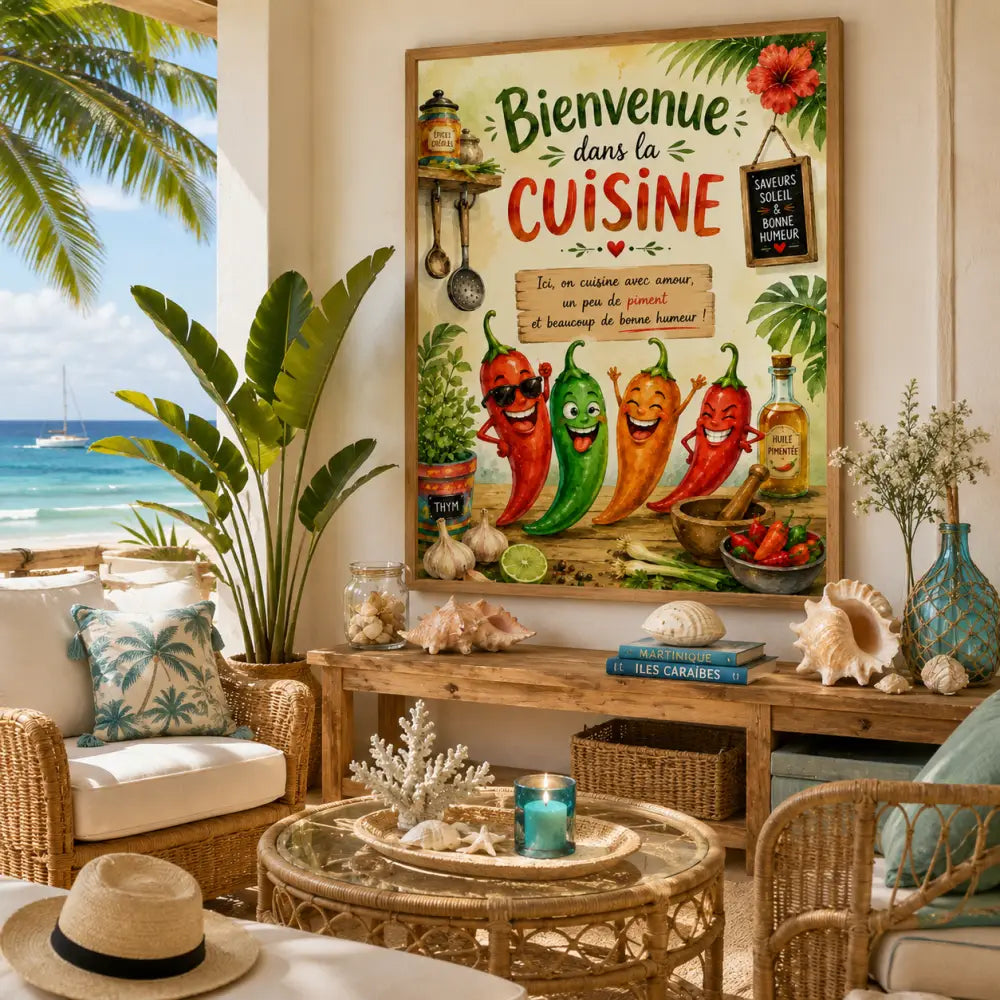 Affiche encadrée vibrante avec piments cartoon lunettes dans cuisine tropicale herbes épices texte bienvenue dans la cuisine
