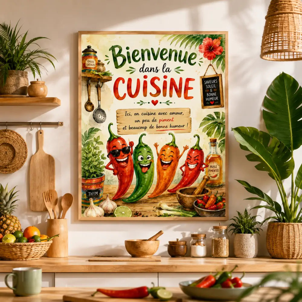 Affiche encadrée joyeuse fff avec poivrons cartoon rouges verts et orange souriants à lunettes de soleil pour cuisine