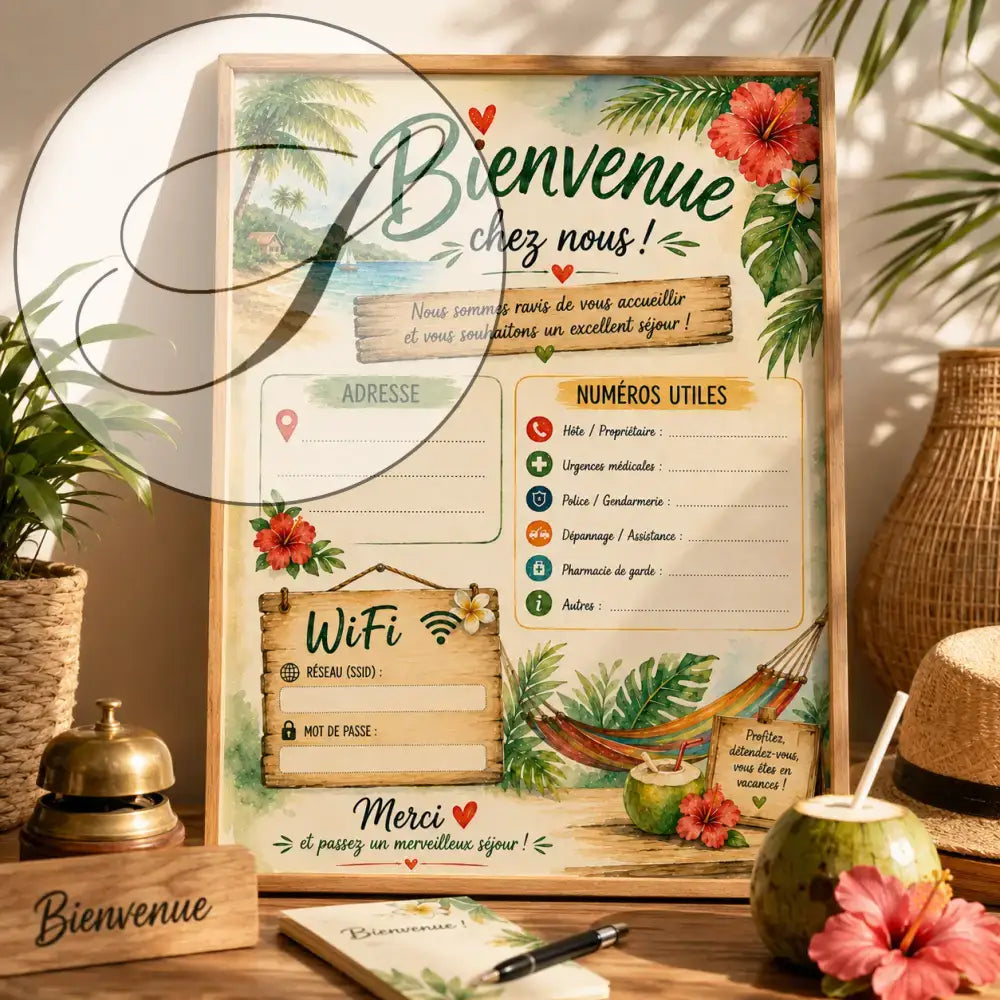 Poster daccueil tropical avec motifs de palmier fleurs de hibiscus et hamac en vert rouge et bleu vif