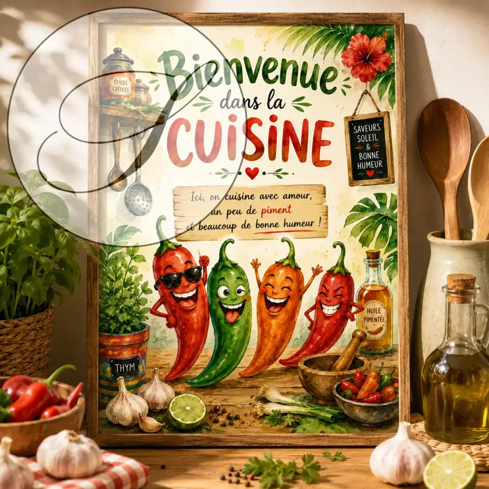 Un poster encadré  avec des piments cartoon expressifs en lunettes de soleil, cadre cuisine rustique