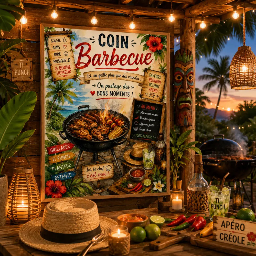 Un poster rustique à cadre en bois avec une scène barbecue colorée de viandes grillées maïs et fleurs tropicales rouges et vertes