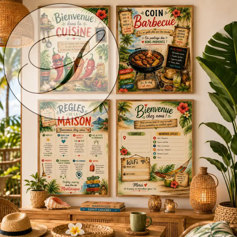 Set de quatre affiches tropicales encadrées avec illustrations colorées et bordures en bois rustique
