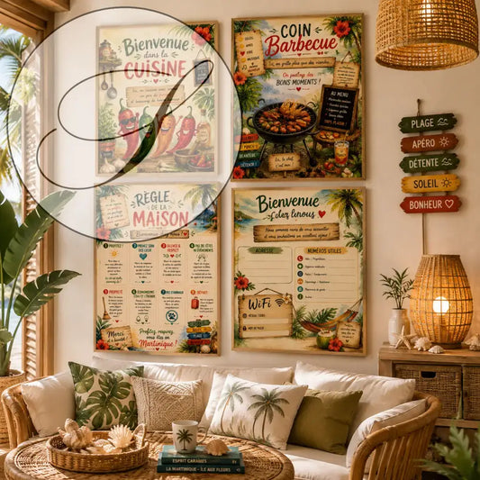 Pack 4 affiches déco cuisine et maison style antilles avec illustrations colorées 