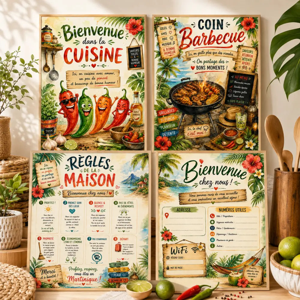 Quatre affiches encadrées de cuisine avec illustrations colorées de piments, barbecue et règles de la maison