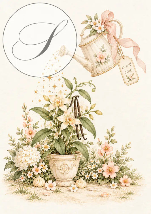 Cadeau naissance personnalisé : affiche arrosoir à ruban rose et plante fleurie avec étiquette date de naissance