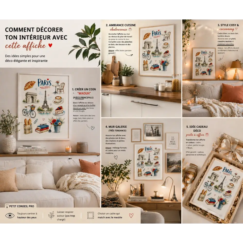 Affiche design viennoiserie paris vintage en aquarelle avec tour eiffel pain et livres pour décoration murale élégante