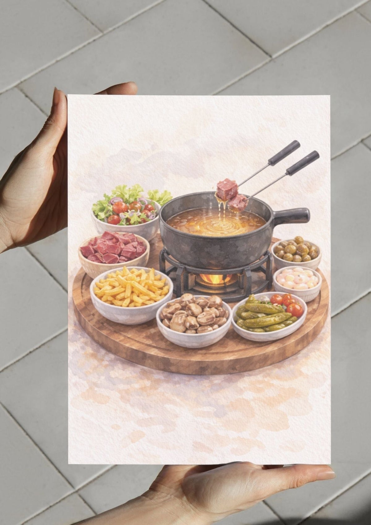 Illustration aquarelle art mural à imprimer fondue suisse avec pot et mets variés pour décoration murale cuisine gourmande