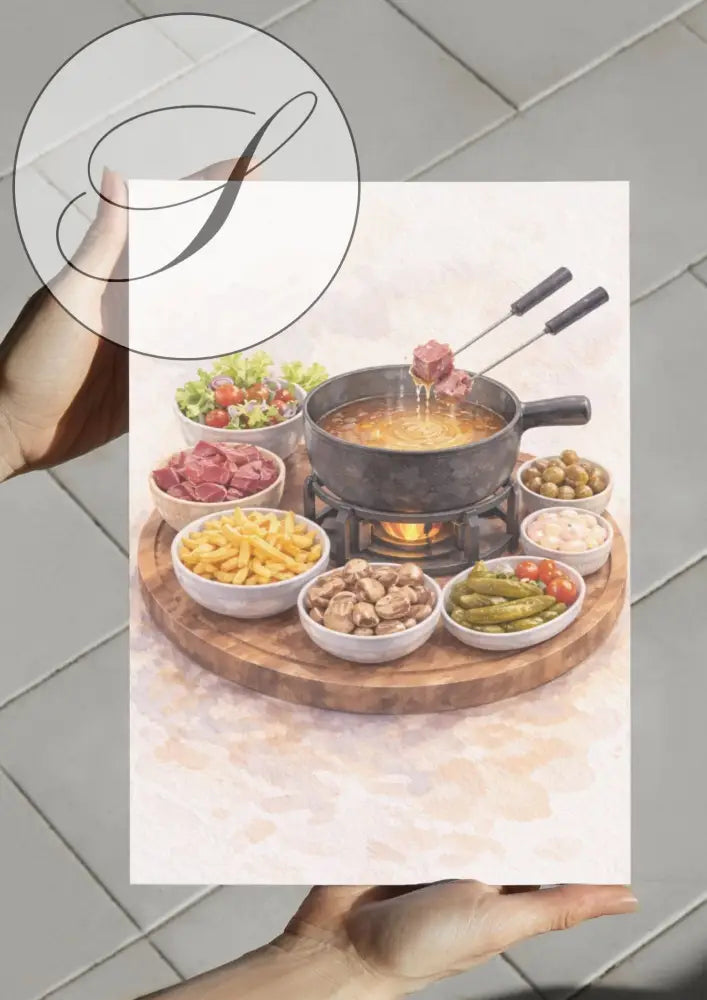 Illustration aquarelle art mural à imprimer fondue suisse avec pot et mets variés pour décoration murale cuisine gourmande