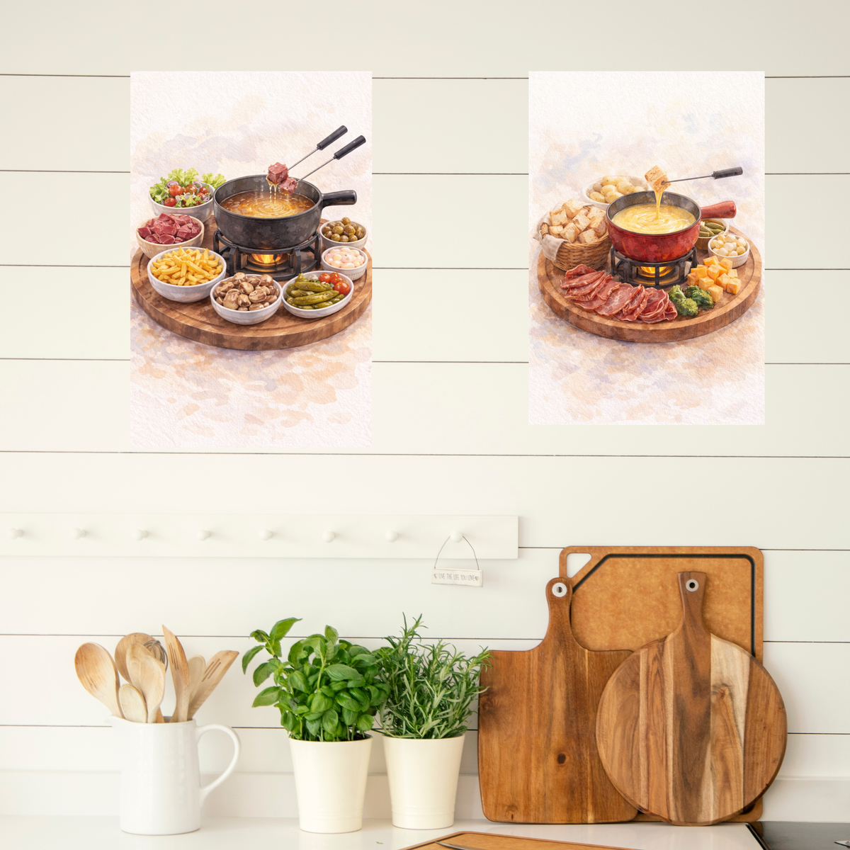 Deux affiches art mural à imprimer avec fondue suisse en pot noir et rouge pour décoration murale cuisine gourmande