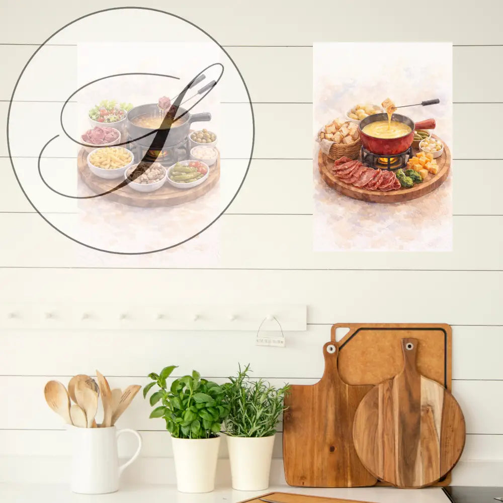 Deux affiches art mural à imprimer avec fondue suisse en pot noir et rouge pour décoration murale cuisine gourmande