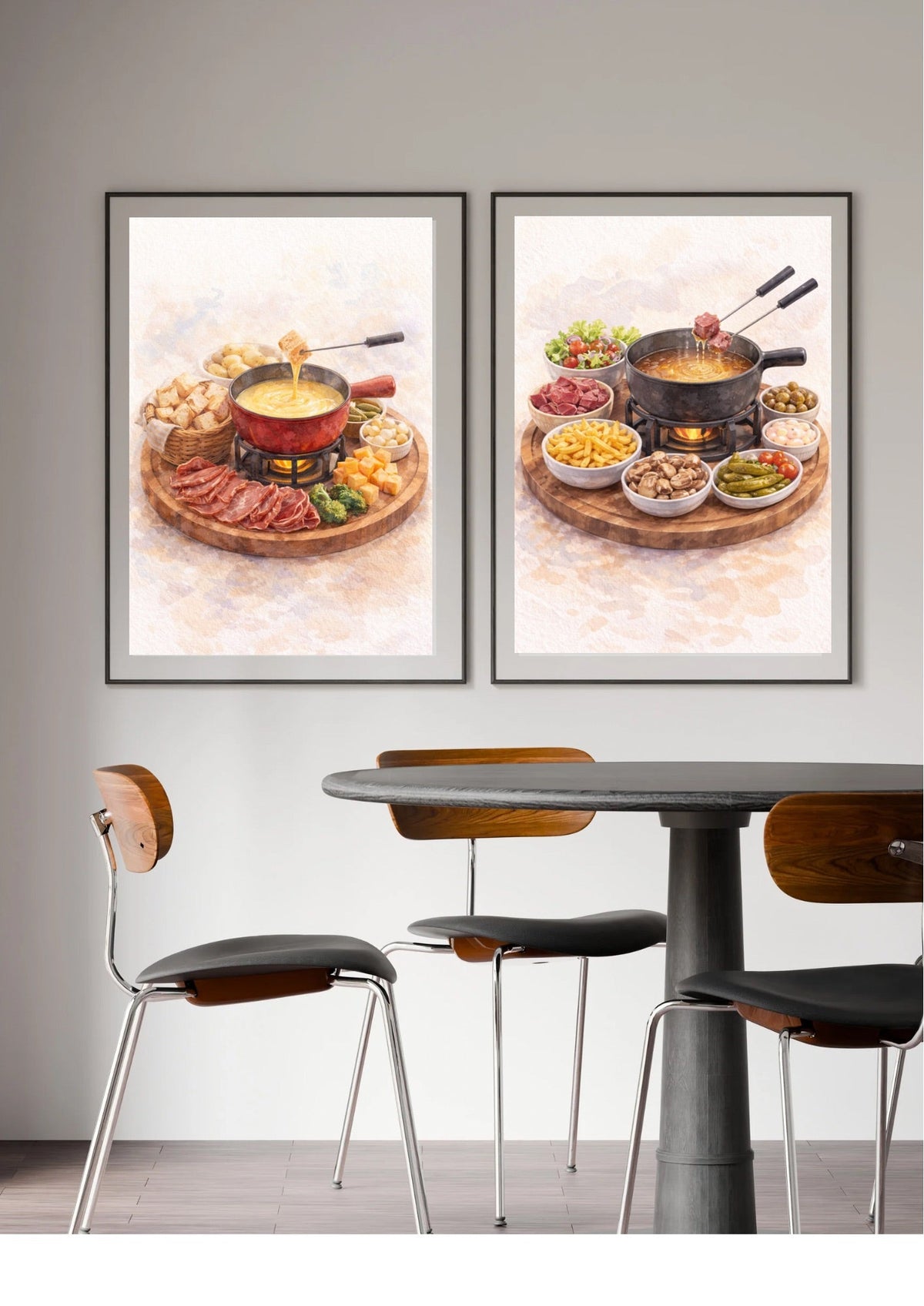 Affiche fondue suisse à imprimer avec art mural à l’aquarelle fondue pot et assortiments pour décoration murale cuisine