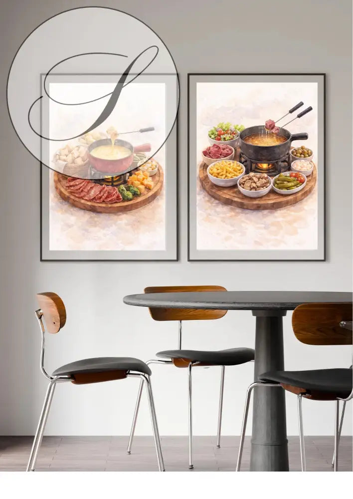 Affiche fondue suisse à imprimer avec art mural à l’aquarelle fondue pot et assortiments pour décoration murale cuisine