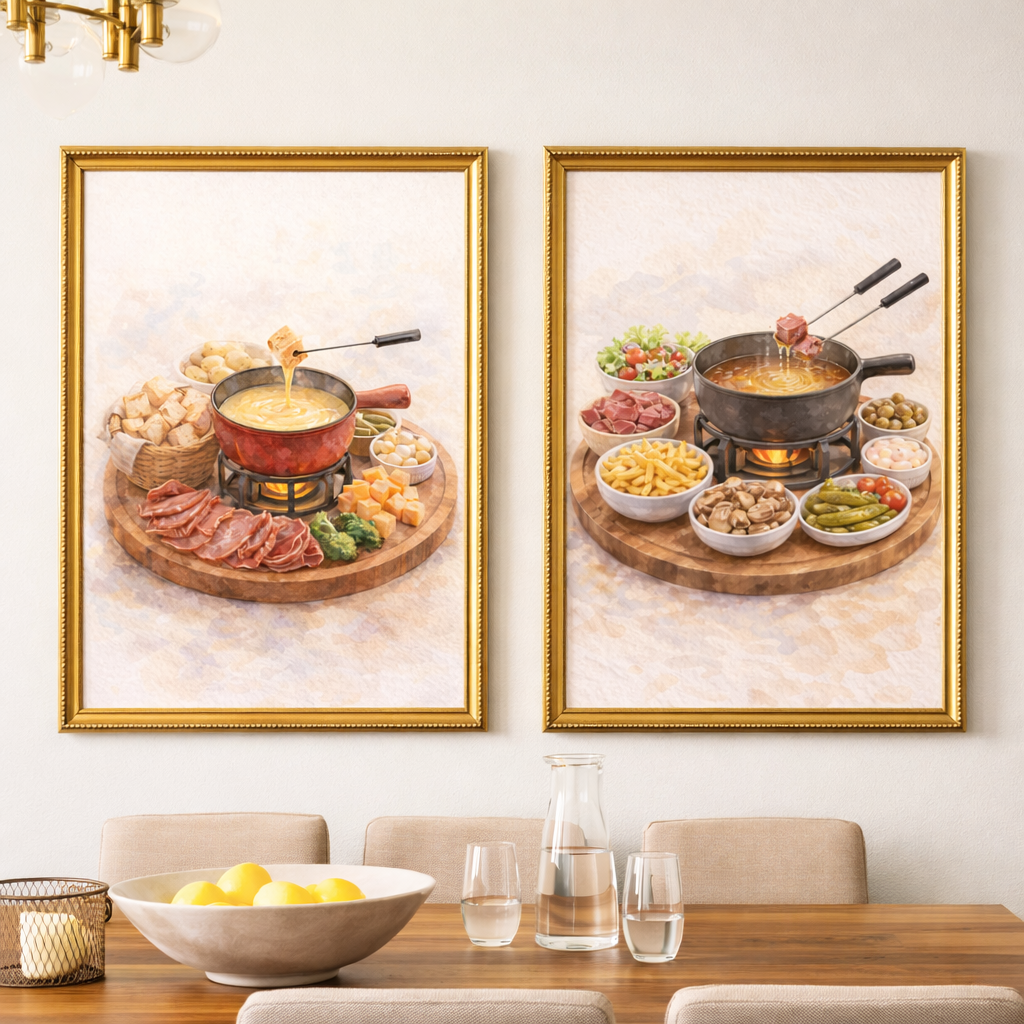 Deux affiches art mural à imprimer avec cadre doré illustrant un fondue suisse pour décoration murale cuisine gourmande
