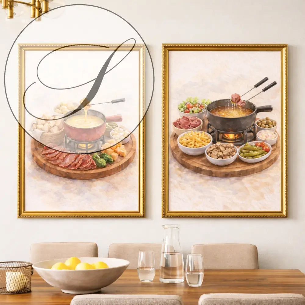 Deux affiches art mural à imprimer avec cadre doré illustrant un fondue suisse pour décoration murale cuisine gourmande
