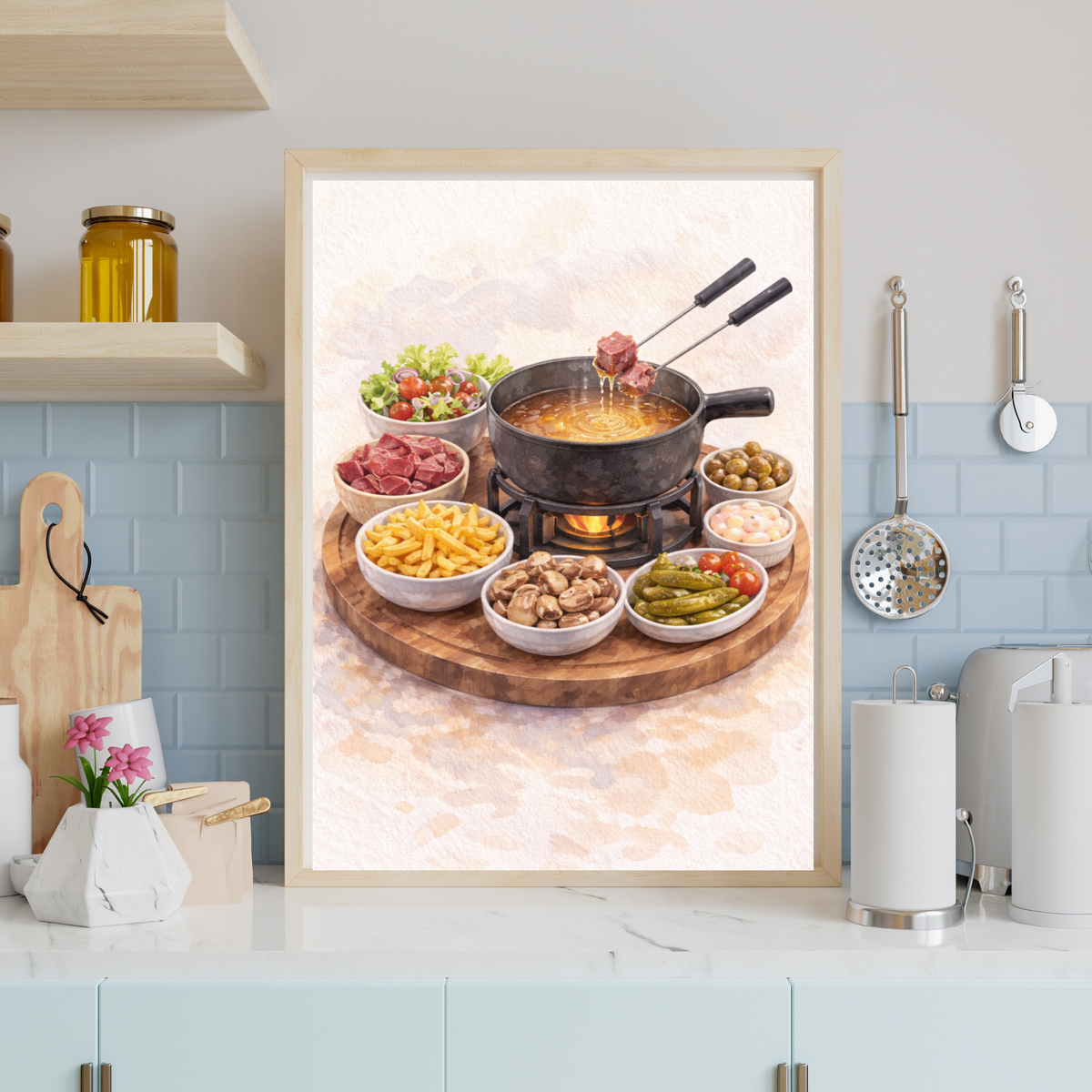 Affiche fondue suisse à imprimer art mural à imprimer avec peinture aquarelle et cadre en bois clair pour décoration murale cuisine