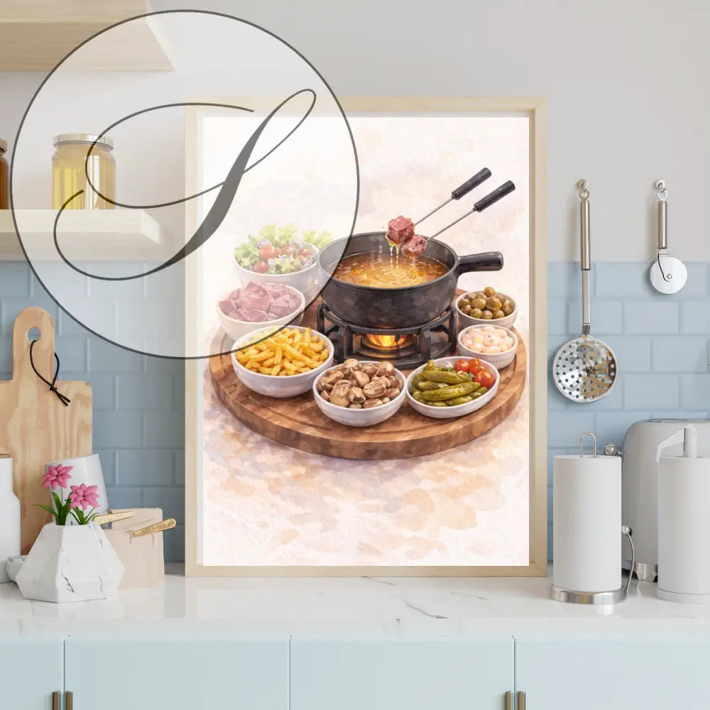 Affiche fondue suisse à imprimer art mural à imprimer avec peinture aquarelle et cadre en bois clair pour décoration murale cuisine