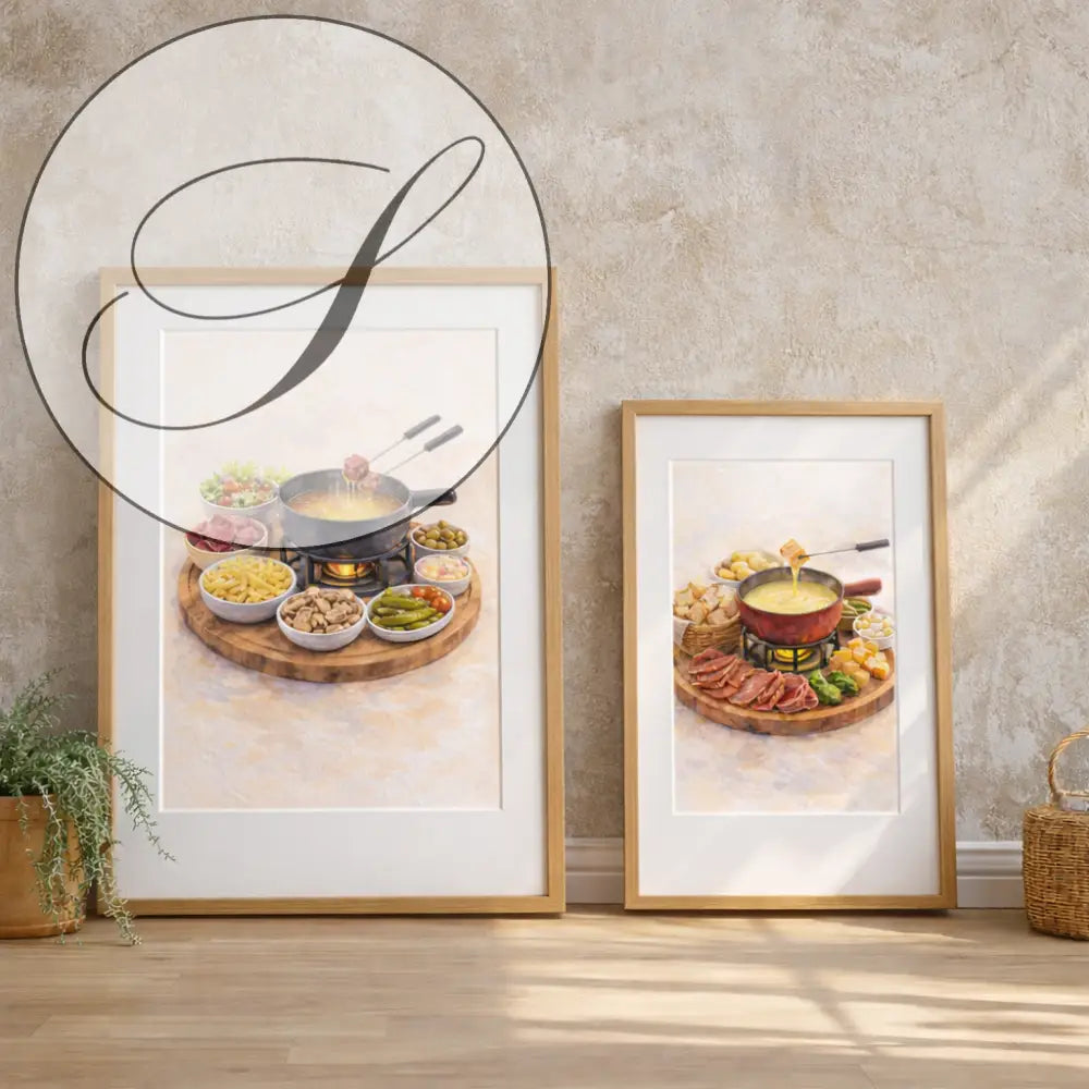 Deux peintures aquarelle encadrées avec repas fondue en cadre bois clair et mat blanc pour décoration murale cuisine gourmande