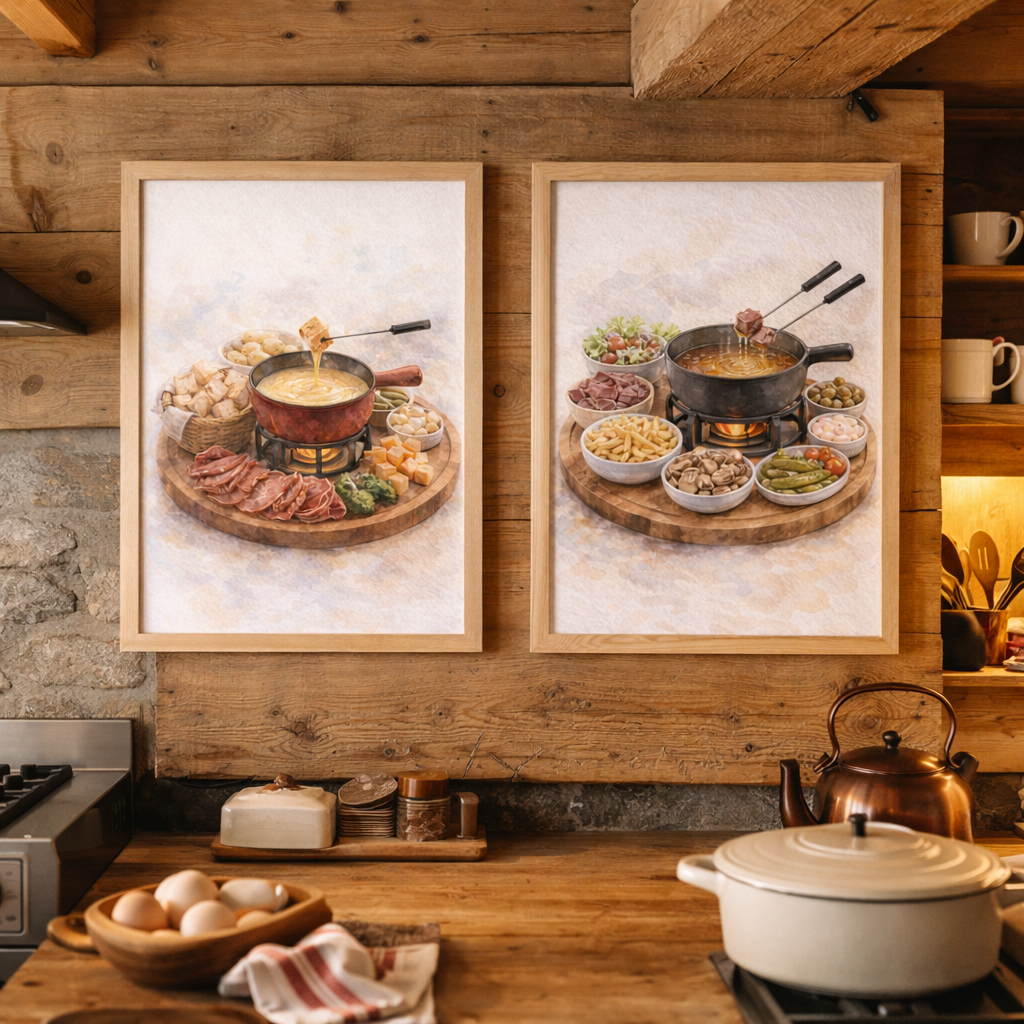 Deux affiches art mural à imprimer de fondue suisse avec pots centraux et décoration murale cuisine gourmande