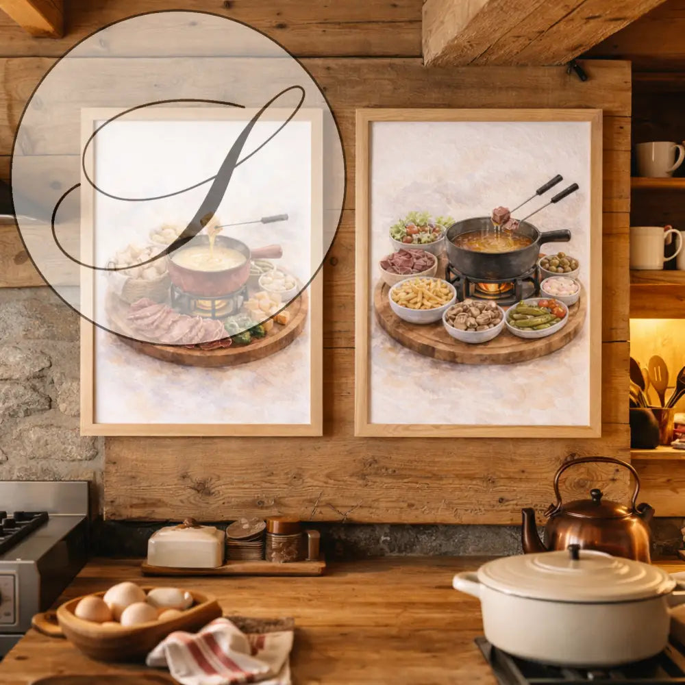 Deux affiches art mural à imprimer de fondue suisse avec pots centraux et décoration murale cuisine gourmande