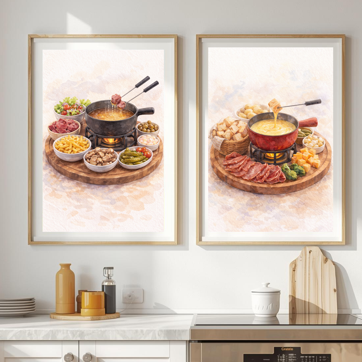 Affiche fondue suisse à imprimer avec deux peintures aquarelles art mural à imprimer pour décoration murale cuisine gourmande