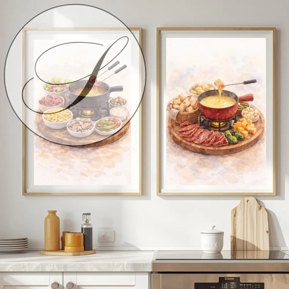 Affiche fondue suisse à imprimer avec deux peintures aquarelles art mural à imprimer pour décoration murale cuisine gourmande