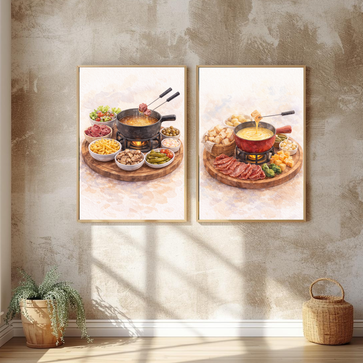 Deux affiches art mural à imprimer représentant fondue suisse avec pots centraux et garnitures colorées sur plateaux bois