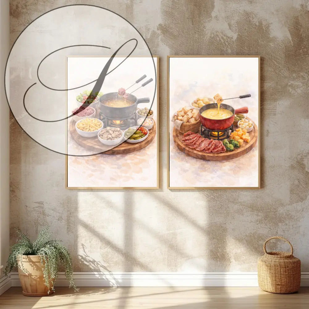 Deux affiches art mural à imprimer représentant fondue suisse avec pots centraux et garnitures colorées sur plateaux bois