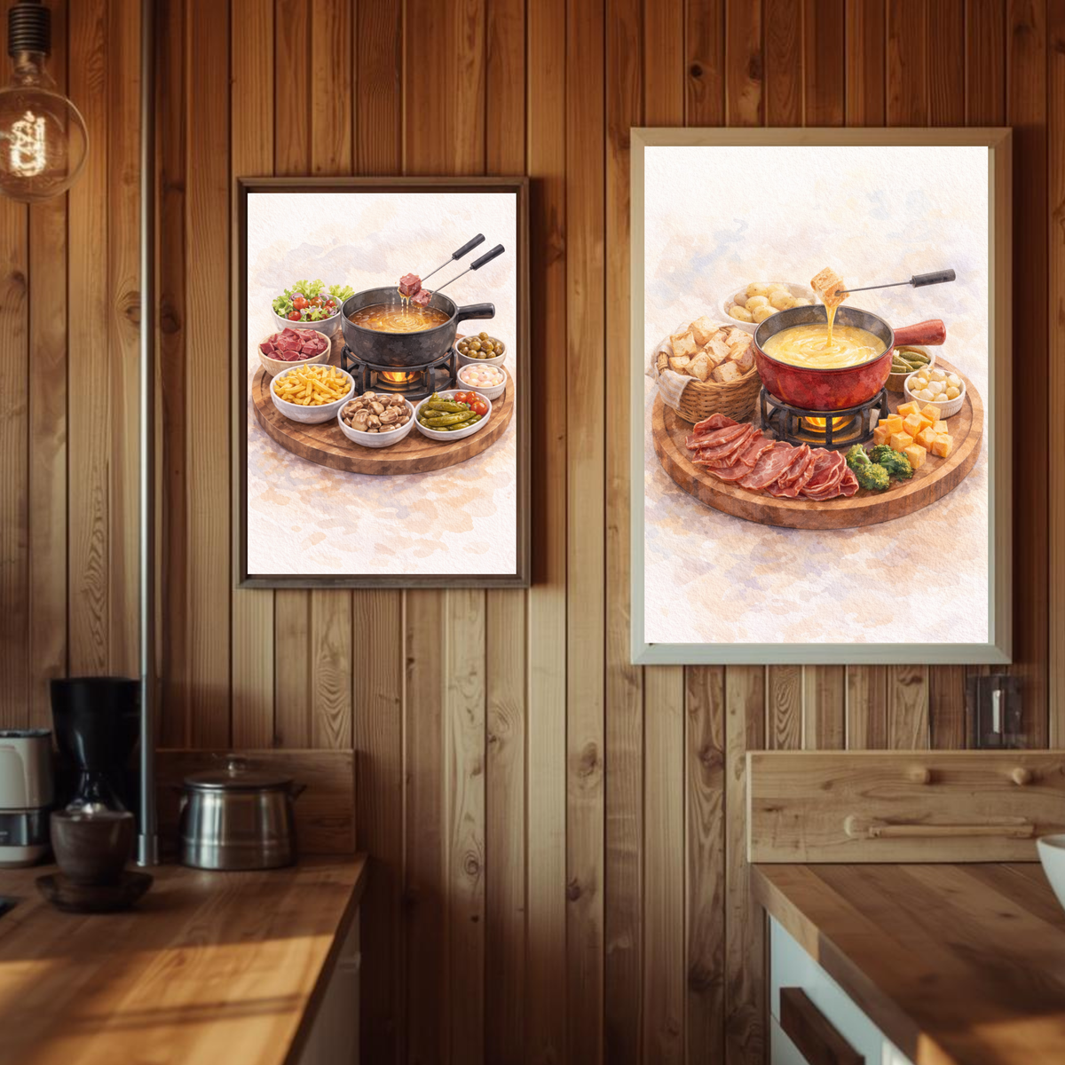 Deux peintures aquarelles encadrées représentant un fondue suisse avec pots au centre pour décoration murale cuisine art mural à imprimer