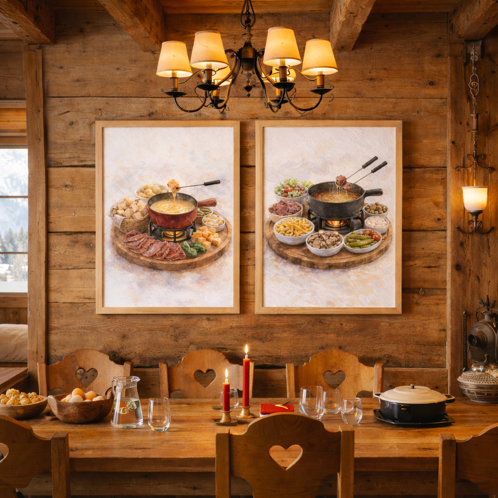Deux peintures aquarelles encadrées montrant une scène de fondue suisse pour une décoration murale cuisine gourmande
